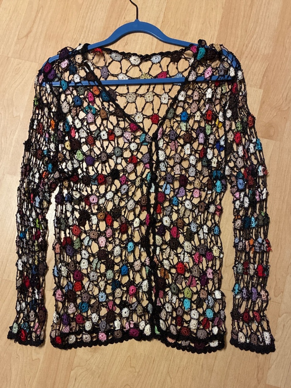 Embroidered Open Weave Flowered Button Cardigan with faux Colored Diamonds